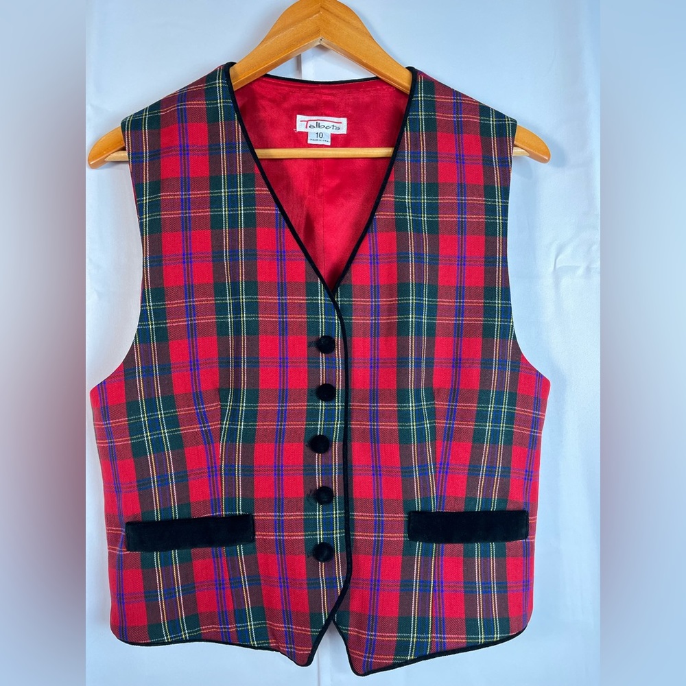 Vintage Talbots Womens Red Plaid Holiday 100% wool Vest Size 10